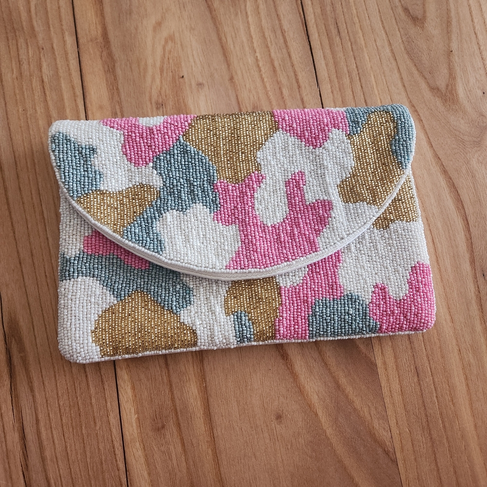 Camo Beaded Clutch/Envelope Bag 9x6 - Pink Gold Blue - EXC